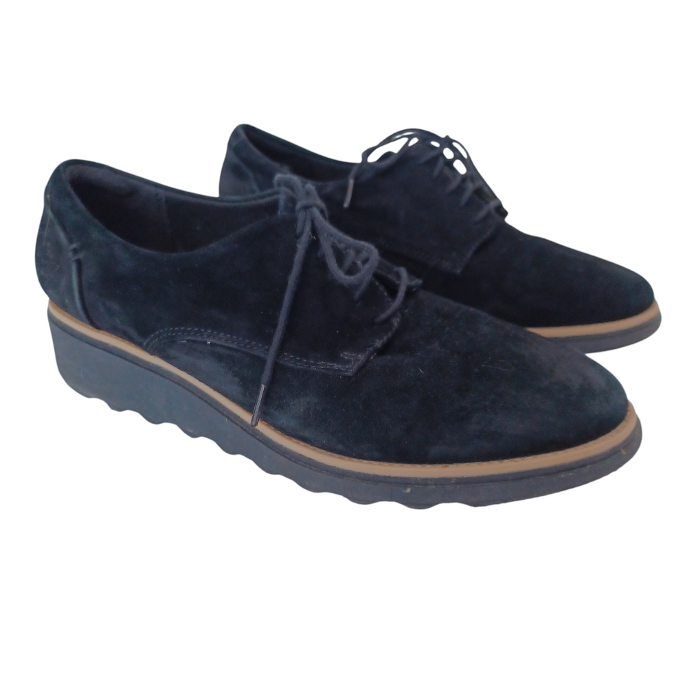Clarks Collection Lace Up Loafers Sharon Noel Black Suede Wedge‎ Womens 9.5 M